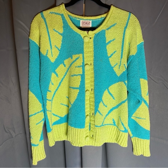 Sweaters - Vintage PBJ Sport Leaf Patterned Green and Blue‎ Cardigan Sweater Size Medium